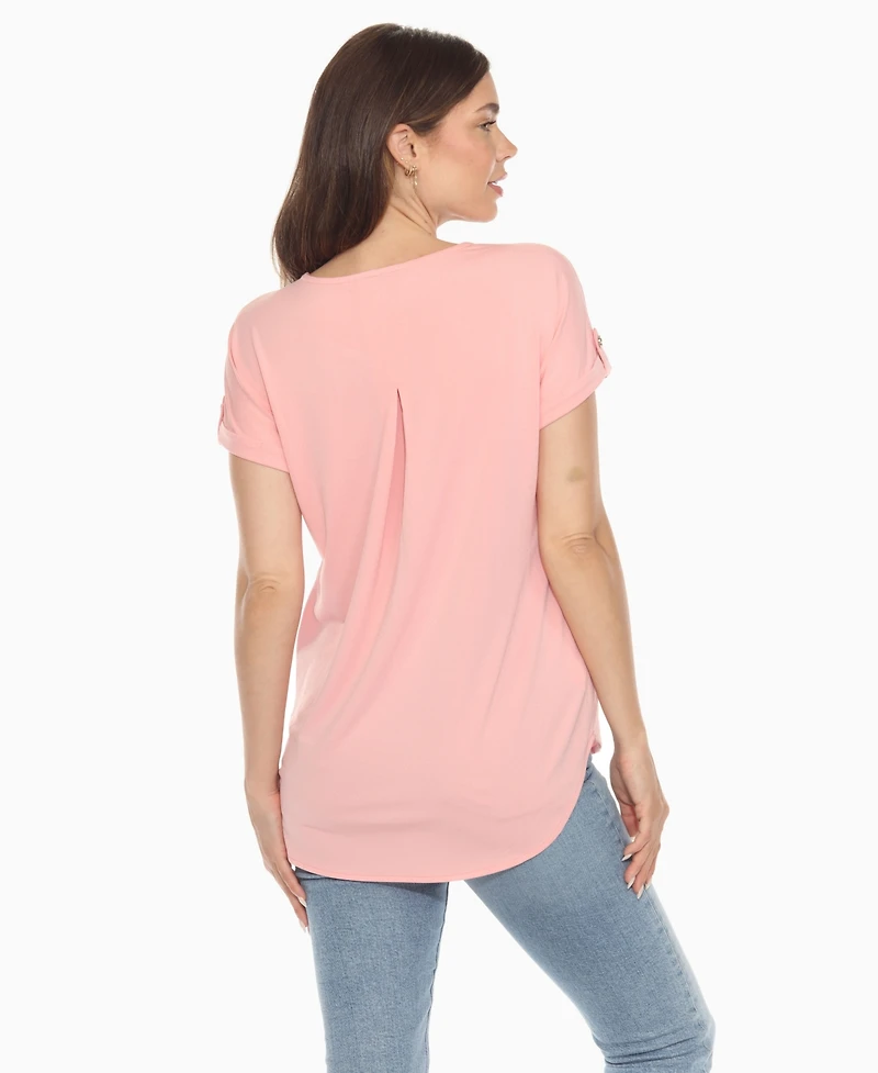 White Mark Women's Folded Short Sleeve Solid Top