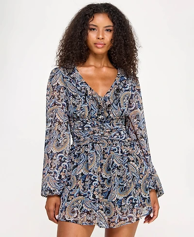 City Studios Juniors' Printed Long-Sleeve Fit & Flare Dress