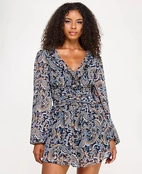 City Studios Juniors' Printed Long-Sleeve Fit & Flare Dress