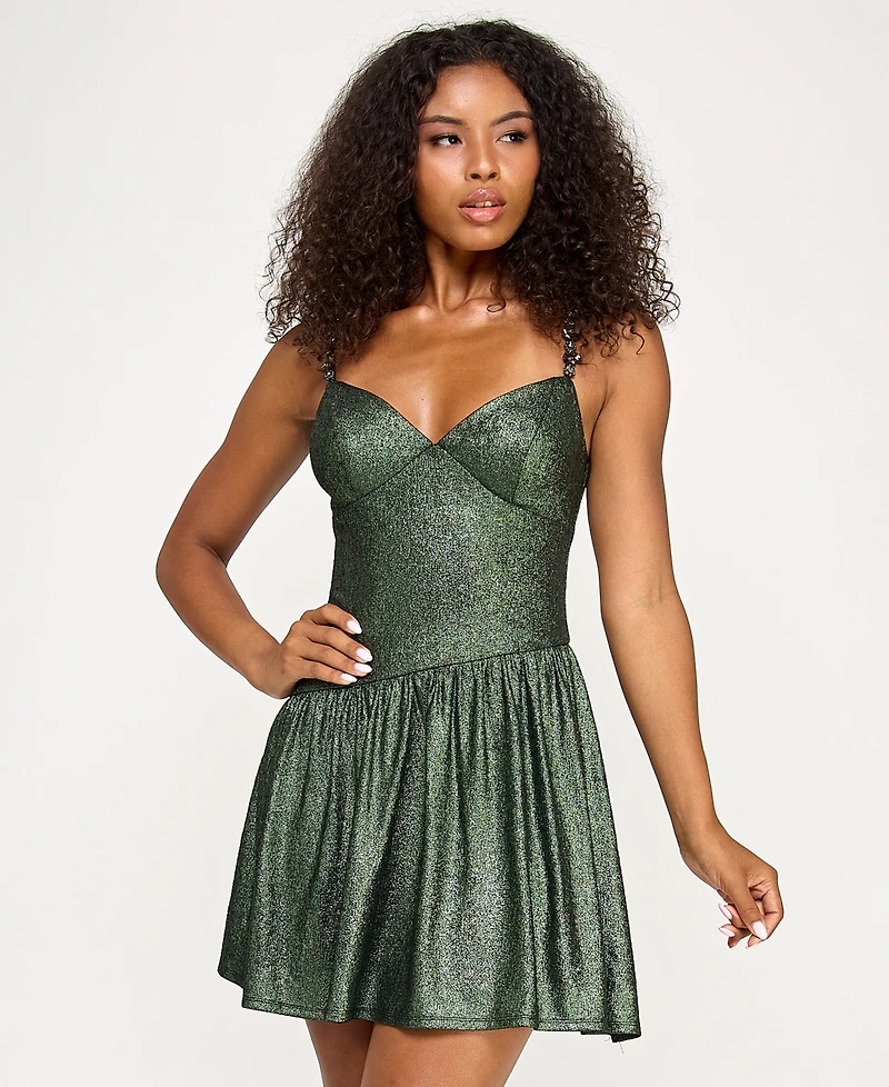 Seni & Cade Juniors' Rhinestone-Strap Fit Flare Dress