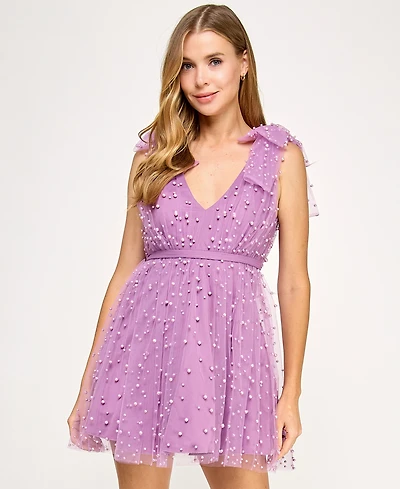 Seni & Cade Juniors' Embellished Mesh Fit Flare Dress
