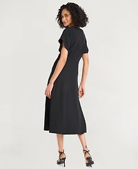 Luxely Women's Crepe Short-Sleeve Midi Fit & Flare Dress