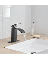 Greenspring Waterfall Single Handle Hole Low-Arc Bathroom Faucet Drip-Free Vanity Sink Matte Black & Gold