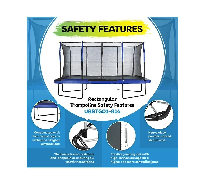 Plexalife 8' X 14' Gymnastics Style, Rectangular Trampoline Set with Premium Top-Ring Enclosure System - Blue/Black