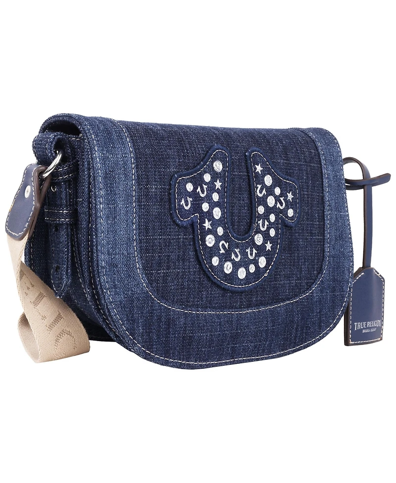 True Religion Studded Horseshoe Denim Flap Bag