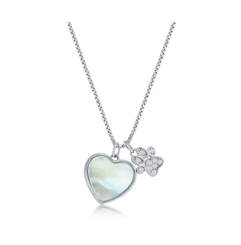 Caribbean Treasures Sterling Silver Mop Heart and Cz Paw Print Necklace