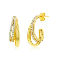 Simona Sterling Silver, Triple Row Cz & Polished Half Hoop Earrings