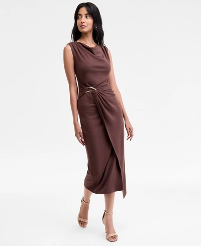 Msk Women's Sleeveless Boat-Neck Ponte-Knot Wrap Midi Dress