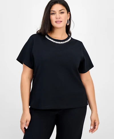 I.n.c. International Concepts Plus Cotton Embellished-Neck Top, Macy's Exclusive