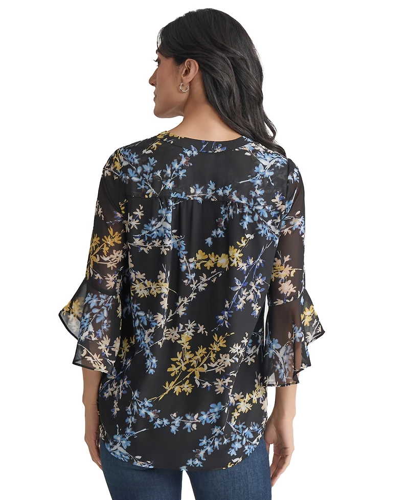 Jones New York Women's Sheer-Flutter-Sleeve Y-Neck Blouse