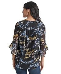 Jones New York Women's Sheer-Flutter-Sleeve Y-Neck Blouse