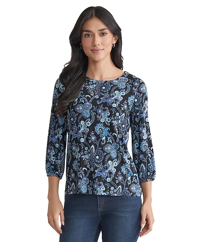 Jones New York Women's Paisley-Print Puff-Sleeve Crewneck Top
