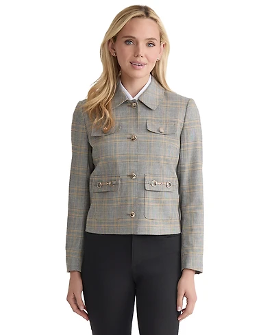 Jones New York Women's Plaid Button-Down Moto Jacket