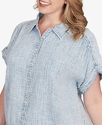 Ruby Rd. Plus Snow Washed Crochet Hem Collared Shirt