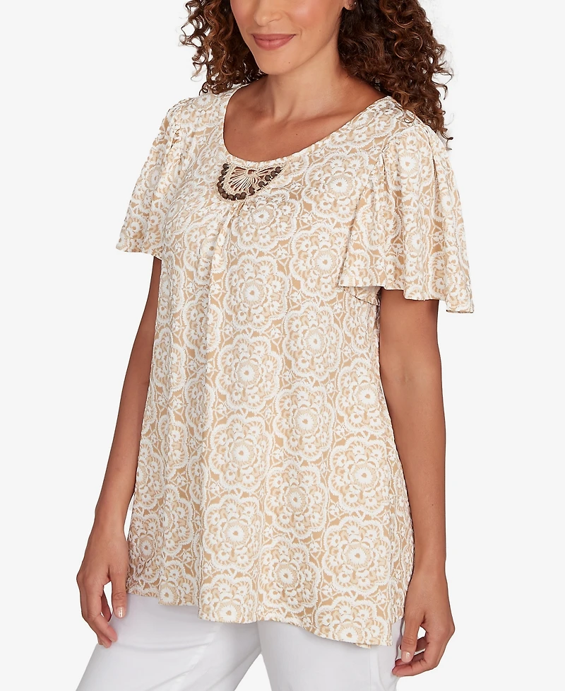 Ruby Rd. Plus Size Beaded Macrame Puff Print Top