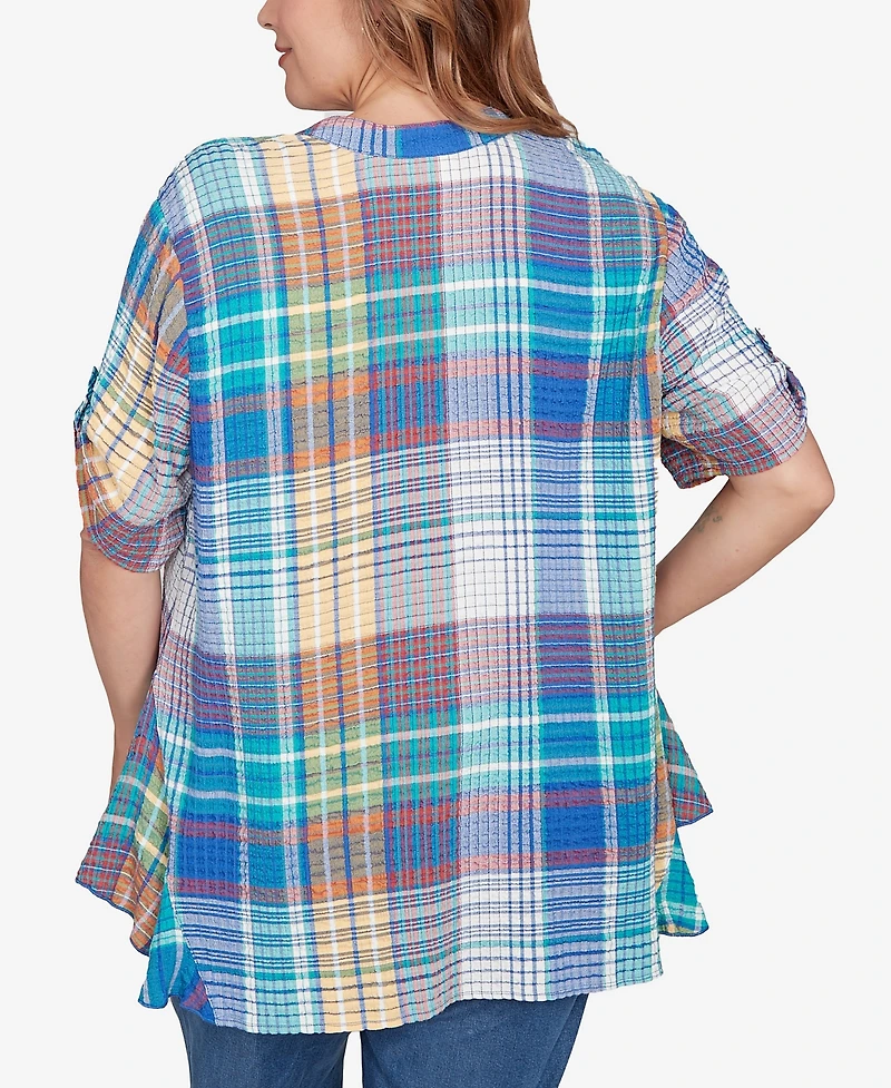 Ruby Rd. Plus Size Crinkle Knit Plaid Button Down Top
