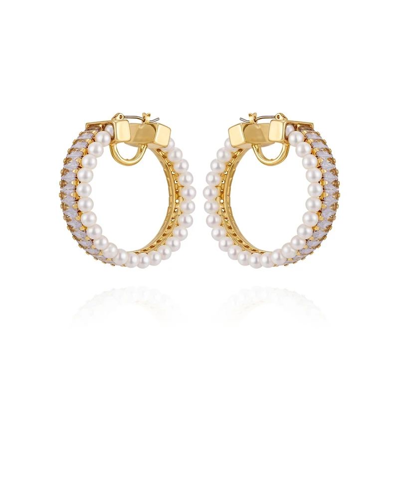 Vince Camuto Gold-Tone Crystals Cultivated Pearl Hoop Earrings