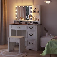 Vlsrka Vanity desk for bedroom with lights, drawers, shelves, stool, and mirror.
