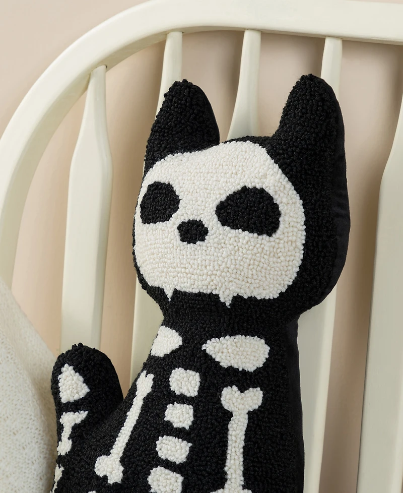 Glitzhome Halloween Hooked Skeleton Cat Shaped Decorative Pillow, 9" x 4"