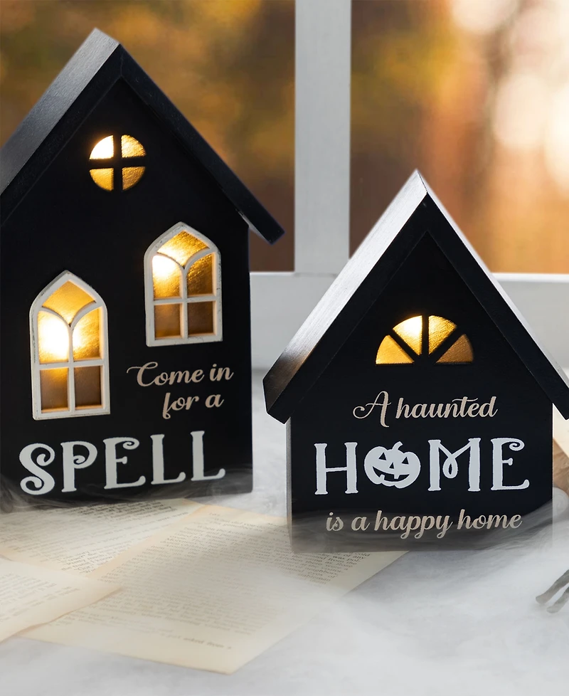 Glitzhome Lighted Halloween Wooden House-shaped Table Decor, Set of 2
