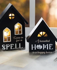 Glitzhome Lighted Halloween Wooden House-shaped Table Decor, Set of 2