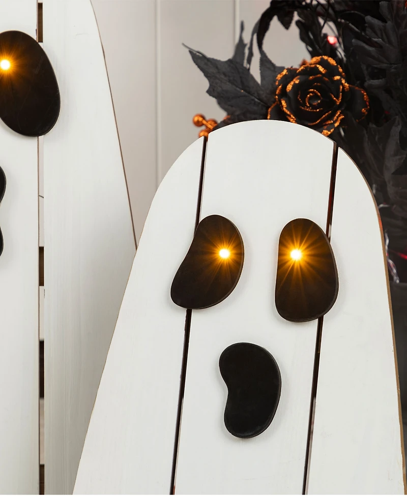 Glitzhome Halloween Lighted Wooden White Ghost Porch Decor with Timer, Set of 2