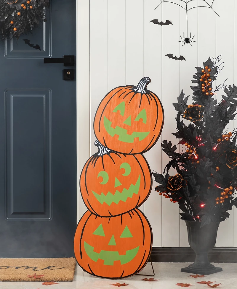 Glitzhome Halloween Wooden Skeleton Cat and Stacked Pumpkin Porch Decor, Set of 2