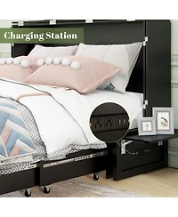 livelylodge Murphy Bed Cabinet, Queen Murphy Bed with Usb and Charging Ports, with Drawer Includes Storage Cabinet Suit for Guest Room, Black Walnut C