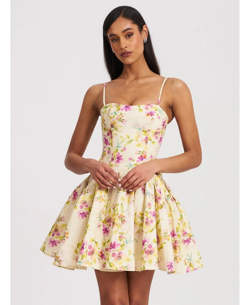 Miss Circle Women's Valda Yellow and Pink Print Linen Mini Dress with Pockets