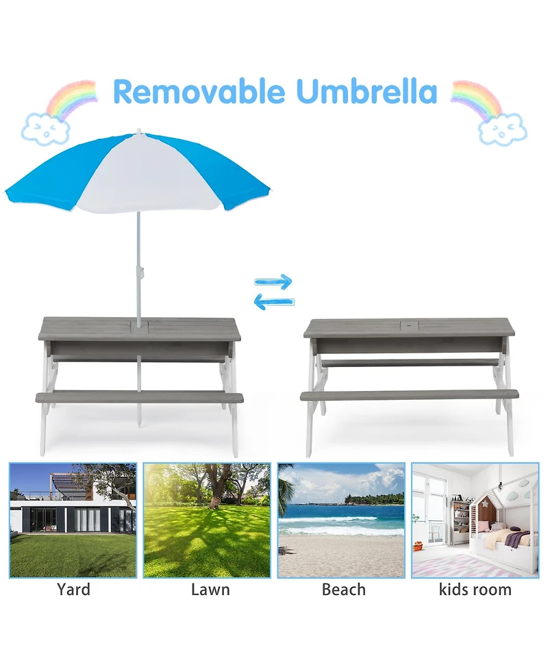 Flynama One 3-in-1 Kids Outdoor Wooden Picnic Table With Umbrella, Convertible Sand & Wate, Gray Astm & Cpsia Certification