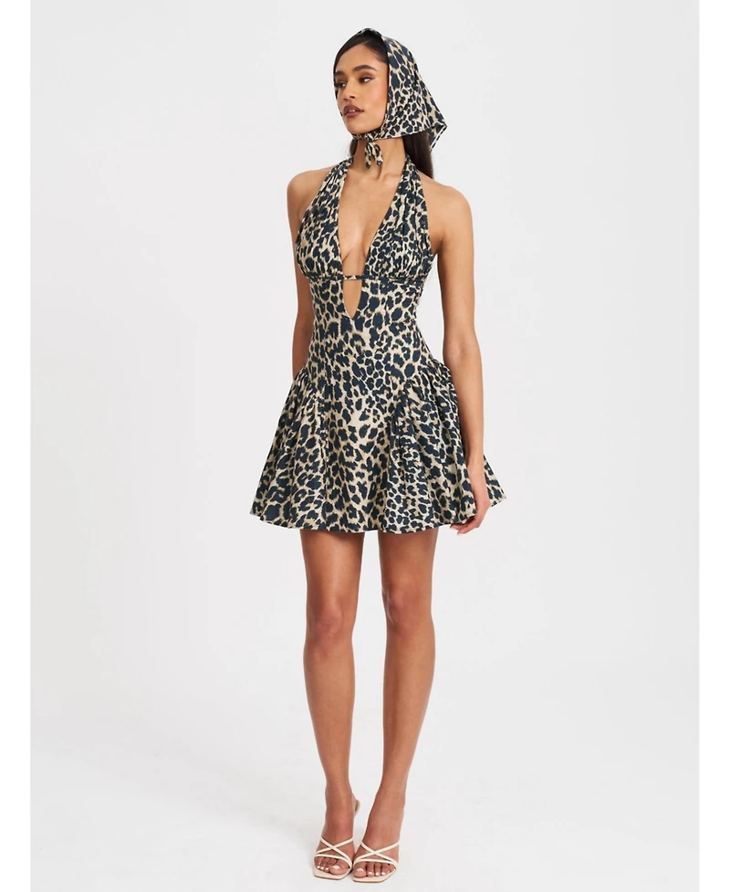 Miss Circle Women's Mackenzie Cheetah Print Halter Linen Mini Dress