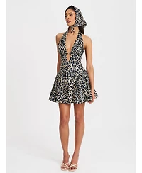 Miss Circle Women's Mackenzie Cheetah Print Halter Linen Mini Dress