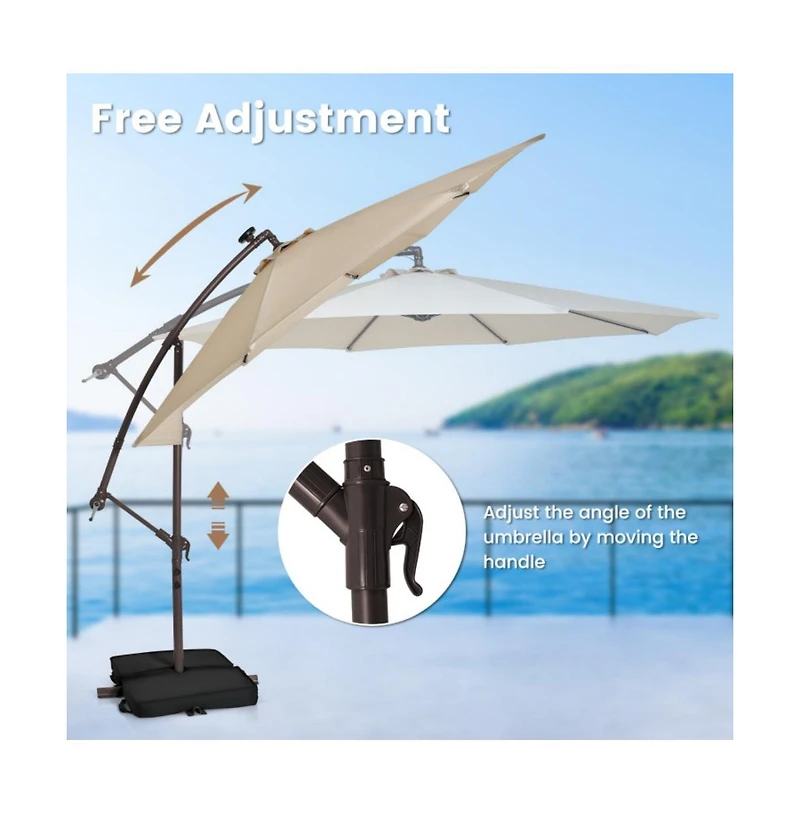 10 Feet Cantilever Umbrella with 32 Led Lights and Solar Panel Batteries