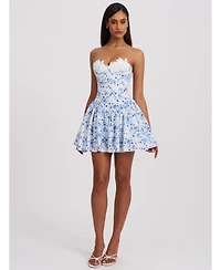 Miss Circle Women's Taleah Blue Floral Print Linen Mini Dress with Lace Trim