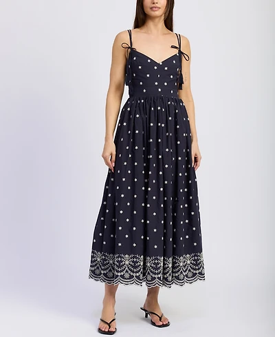 En Saison Women's Nara Cotton Embroidered Tie-Strap Midi Dress