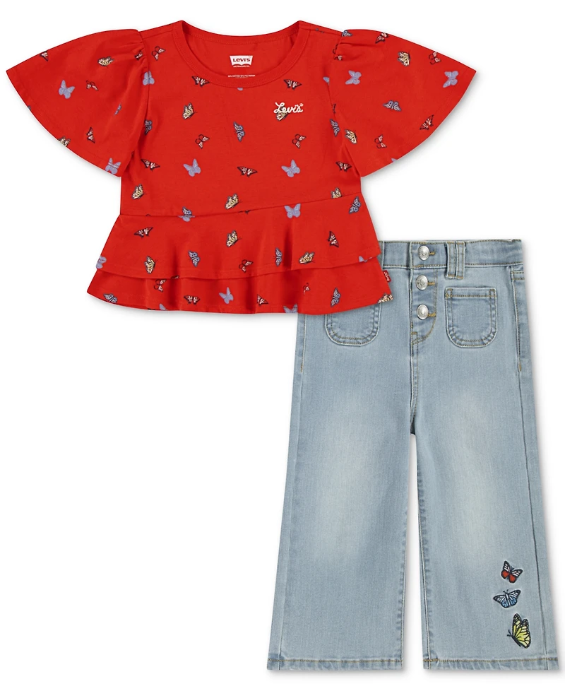 Levi's Baby Girls Butterfly-Print Peplum Top and Wide-Leg Jeans, 2 Piece Set
