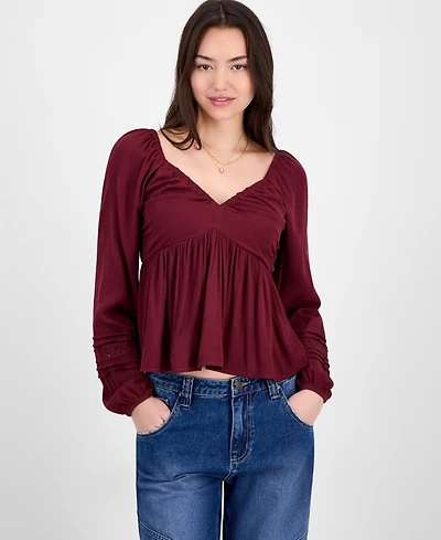 Self Esteem Juniors' Ruched V-Neck Lace-Inset Blouse