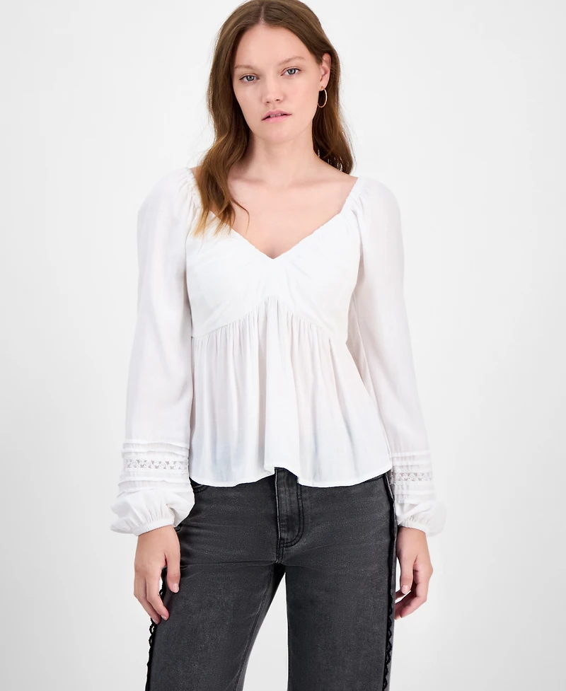 Self Esteem Juniors' Ruched V-Neck Lace-Inset Blouse