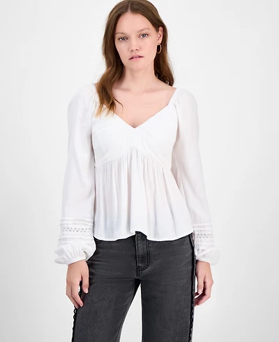 Self Esteem Juniors' Ruched V-Neck Lace-Inset Blouse