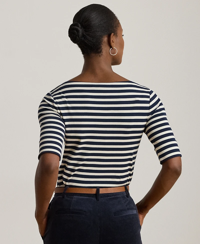 Lauren Ralph Petite Striped Stretch Cotton Boatneck Tee
