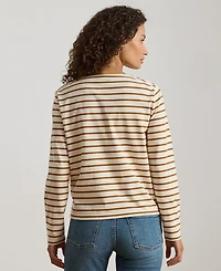 Lauren Ralph Petite Striped Jersey Snap-Trim Boatneck Top
