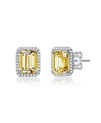 Genevive Sterling Silver White Gold Plated with Yellow Cubic Zirconia Square Halo Stud Earrings