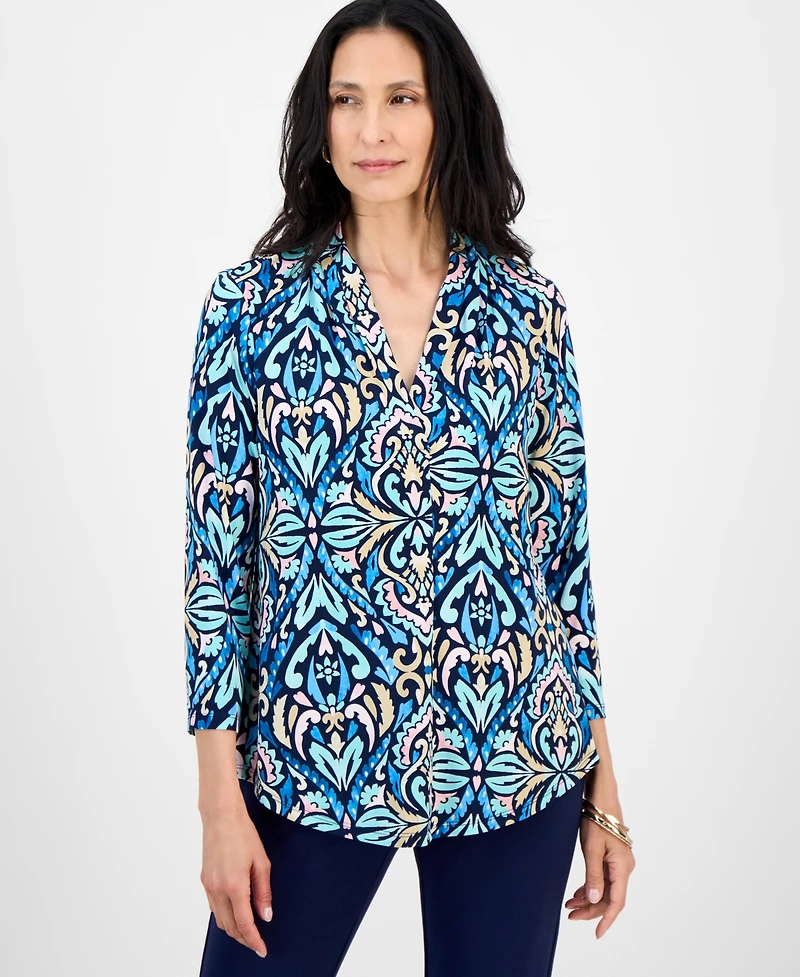Jm Collection Petite Daniella Damask Printed 3/4-Sleeve Top, Macy's Exclusive