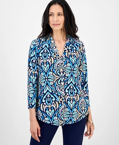 Jm Collection Petite Daniella Damask Printed 3/4-Sleeve Top, Macy's Exclusive