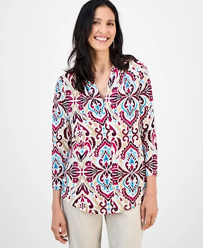 Jm Collection Women's Printed 3/4 Sleeve V-Neck Knit Top, Exclusively at Macy's