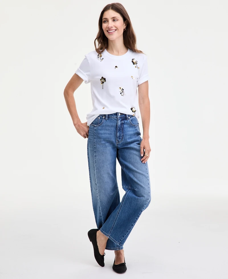 On 34th Women's Scattered-Floral-Embellished Cotton T-Shirt, Macy's Exclusive