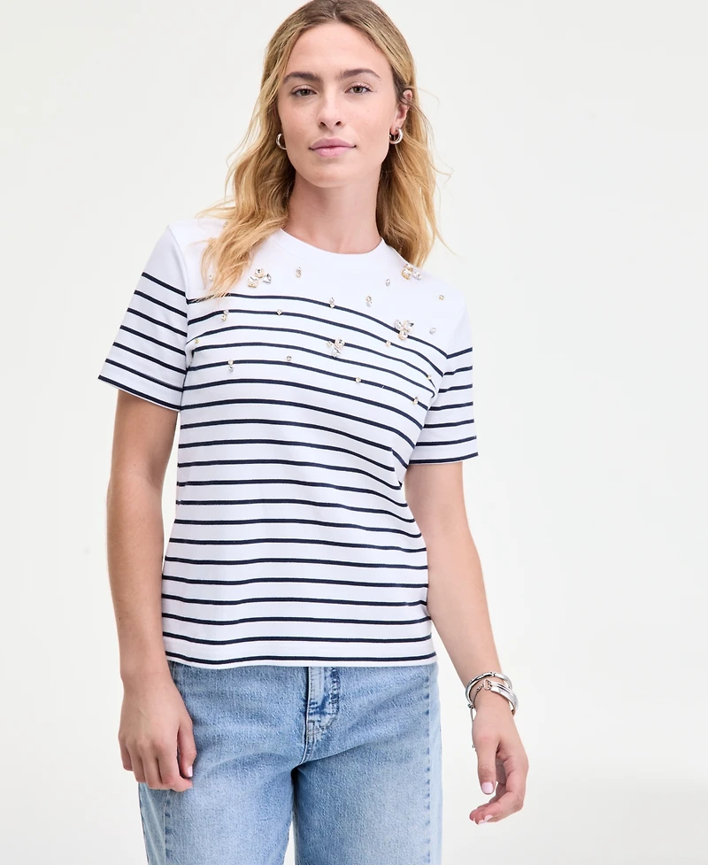 On 34th Women's Classic Stripe Embellished Cotton T-Shirt, Macy's Exclusive