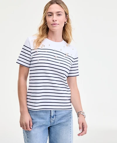 On 34th Women's Classic Stripe Embellished Cotton T-Shirt, Macy's Exclusive