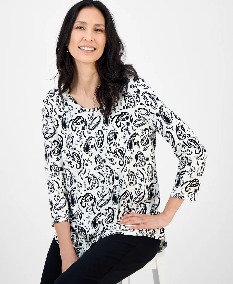 Jm Collection Women's Printed Scoop-Neck 3/4-Sleeve Top, Exclusively at Macy's