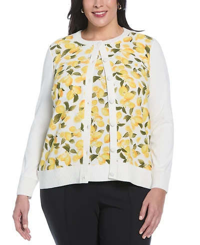 Rafaella Plus Lemon Print Woven Front Long Sleeve Cardigan Sweater
